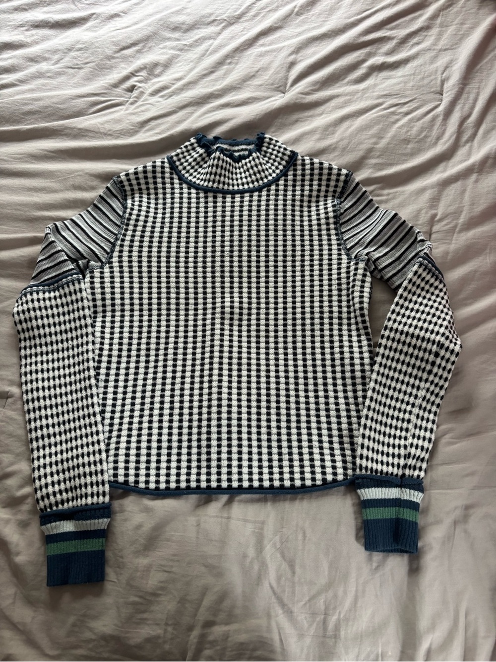 We The Free Black, Blue, & White Checked Knit Top with Blue Ruffle Mock Neck